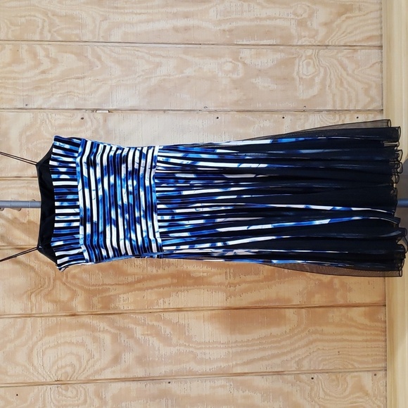 JS Collections Black Blue White Print Ribbon Stripe Sleeveless Dress Size 6 - Picture 7 of 10